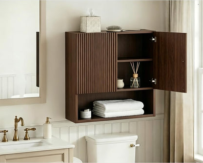 USHOWER Dark Walnut Bathroom Wall Cabinet with Fluted Doors & Open Shelf