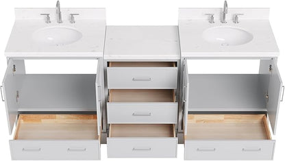 ARIEL Stafford 84-inch Bathroom Vanity with Sink,Solid Wood, 1.5in Carrara White Quartz Countertop & Backsplash, Double Oval Porcelain Sink, 4 Soft Closing Doors, 5 Dovetail Drawers, Grey