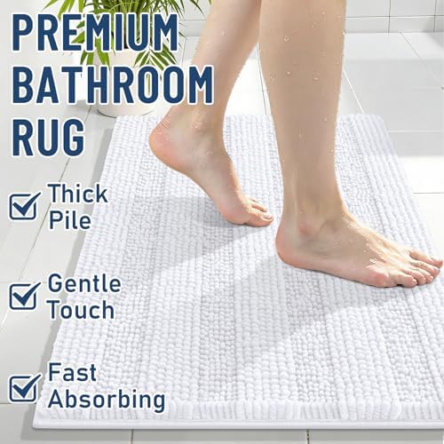 Grandaily Chenille Striped Bathroom Rugs 40x32, Extra Thick and Soft Absorbent Bath Mats, Rubber Backing, Plush Shaggy Shower Carpet, Machine Wash Dry, Bath Rug for Bathroom, Solid White