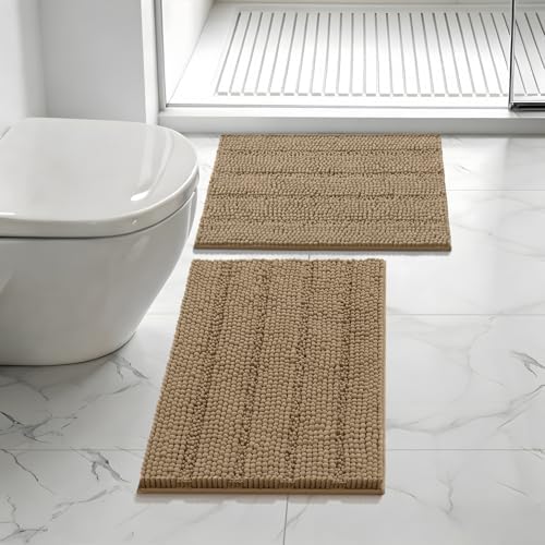 Bcoimo Bath Rug Mat Sets, 2 Piece Extra Soft Chenille Tan Bathroom Mat Set