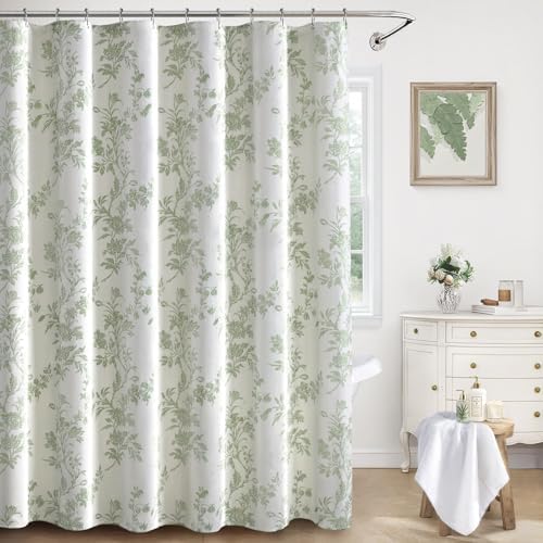 Sage Green Floral Shower Curtain,Vintage Cotton Cottagecore Shower Curtains for Bathroom, 72" W x 90" L