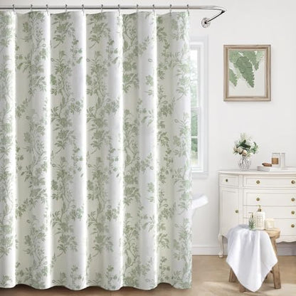 Sage Green Floral Shower Curtain,Vintage Cotton Cottagecore Shower Curtains for Bathroom, 72" W x 90" L