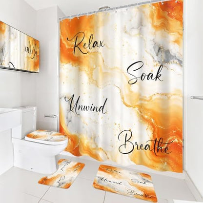 Burnt Orange Abstract Marble 4Pcs Bathroom Shower Curtain Set with Rugs