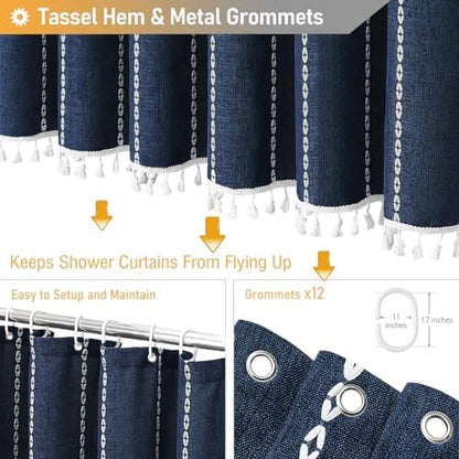 BTTN 72x78 Long Boho Farmhouse Linen Heavy Duty Shower Curtain, Navy Blue