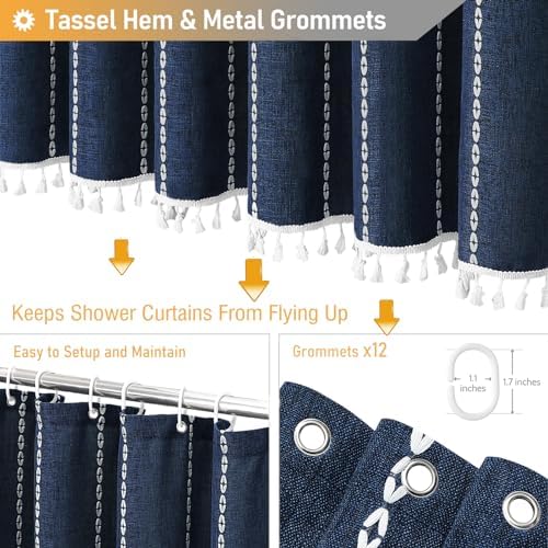 BTTN 72x84 Long Boho Farmhouse Linen Heavy Duty Shower Curtain, Navy Blue