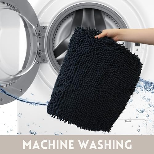 Bathroom Rugs Sets 2 Piece Chenille Bathroom Rugs,Extra Thick and Absorbent,Strong PVC Non-Slip Underside, Machine Washable, Dry Quckily, Soft Cozy Plush for Toilet,Bedroom (Black)