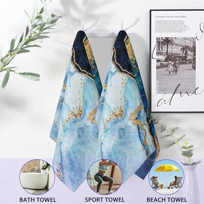White Blue Gold Marble Hand Towels for Bathroom, Abstract Bath Towel Set of 2 Soft Kitchen Tea Dish Towels Decorative Fingertip Towels for Guest Gym Spa 14"x28"