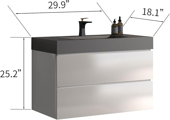 30" Floating Bathroom Vanity with Black Sink, Modern Bathroom Cabinet with Top and Soft Close Drawers, Spacious Storage for Small Space, White - Lavanda Collection