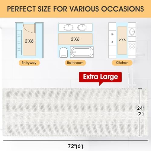 IM HOME Extra Large Waffle Bath Mat, Boho Bathroom Rugs Absorbent Non Slip, Ultra Soft Bathroom Mat, Machine Washable Knit Bath Rugs with Herringbones for Bathroom, Bedroom, Kitchen, 6'x2', White