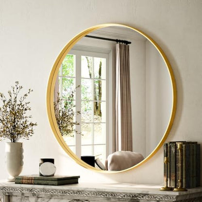 VooBang Round Bathroom Mirror 36 inch, Gold Gorgeous Deep Frame Round Wall Mirror, Modern Bathroom Vanity Mirror for Bedroom, Living Room, Hanging or Leaning, Gold