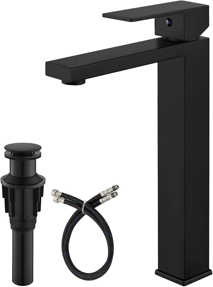 gotonovo Vessel Sink Faucet Single Handle Tall Bathroom Faucet One Hole Modern Lavatory Vanity Basin Mixer Tap Matching Supply Hoses and Pop up Drain Without Overflow, Matte Black