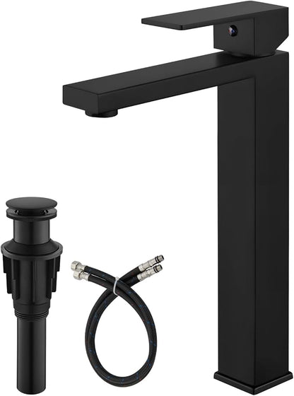 gotonovo Vessel Sink Faucet Single Handle Tall Bathroom Faucet One Hole Modern Lavatory Vanity Basin Mixer Tap Matching Supply Hoses and Pop up Drain Without Overflow, Matte Black