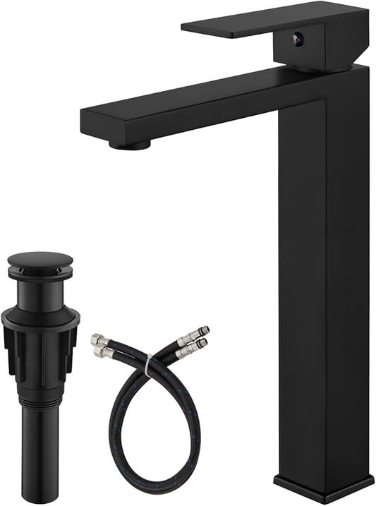 gotonovo Vessel Sink Faucet Single Handle Tall Bathroom Faucet One Hole Modern Lavatory Vanity Basin Mixer Tap Matching Supply Hoses and Pop up Drain Without Overflow, Matte Black