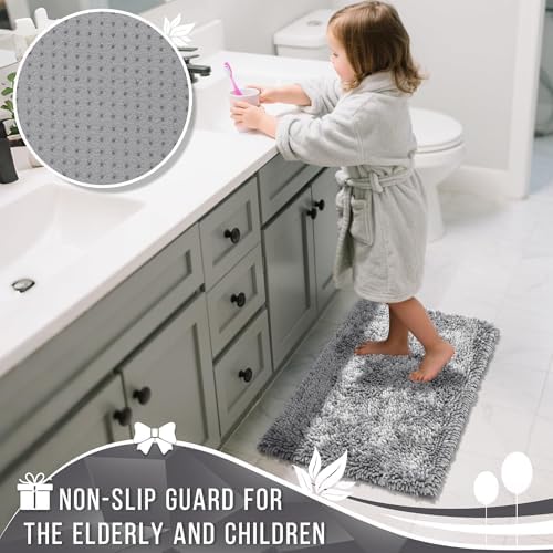 Yimobra Chenille Bathroom Rugs Non Slip, Extra Thick Soft Absorbent Bath Rug 31.5x20 Inch, Machine Washable Quick Dry Bath Mat for Bathroom Floor, Tub and Shower, Home Decor Accessories, Light Grey