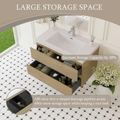 KEIKI 36'' Wall-Mounted Bathroom Vanity with Sink - Floating Design, 2 Soft-Close Drawers & Resin Basin, Space-Saving for Small Bathrooms, Ash Grey