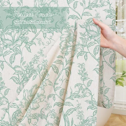 Teal Boho Linen Fabric Shower Curtain , Farmhouse Floral For Bathroom