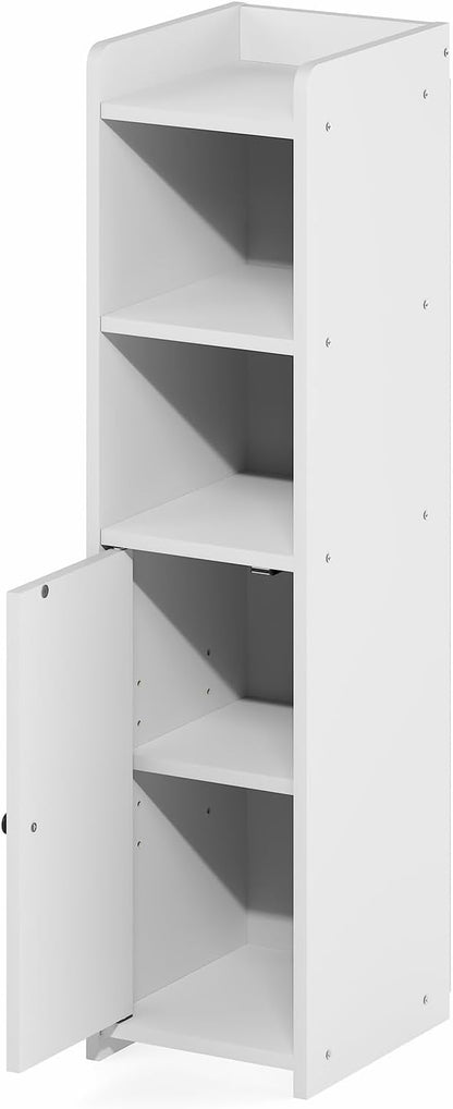 Furinno Fulda Bathroom Storage Cabinet, 5-Tier Bathroom Cabinet, Narrow Cabinet with Door and Adjustable Shelves, 32H, for Small Spaces, Bathroom, Living Room, Entryway, White