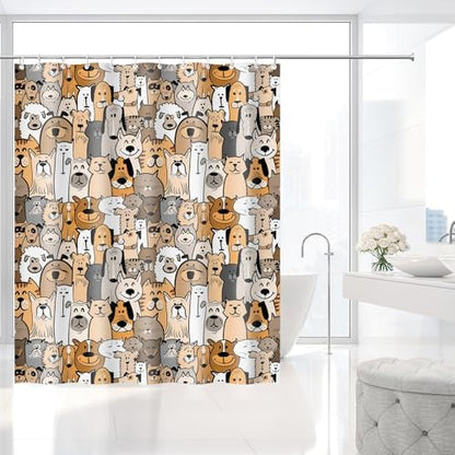 Cute Dog Cat Doodle Seamless Pattern Shower Curtain with Hooks 72 x 72 Inch