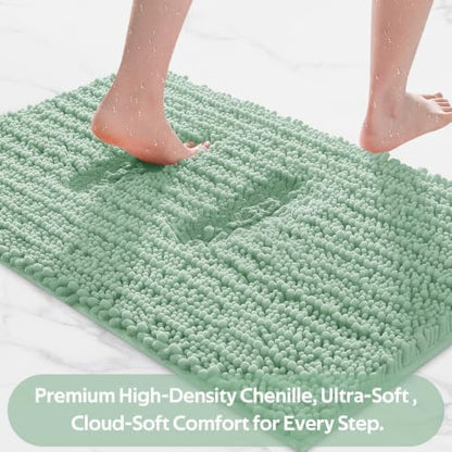 ACCUMTEK Upgrade Luxury 2 Piece Sage Green Toilet Bathroom Rug Mat 48"x20"+24"x17", Ultra Soft Thick Absorbent Bath Mats, Non Slip Chenille Toilet Mat for Bathroom, Bedroom, Kitchen, Shower, Tub