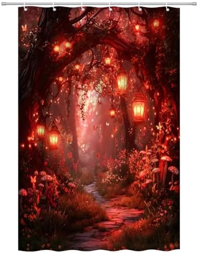 Fantasy Forest Path Shower Curtain Red Fairy Magical Enchanted Misty Jungle Mushroom Floral Tree Butterfly Lantern Wonderland Bath Curtain Fabric Bathroom Accessories Decor with Hooks 35W x70L