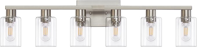 6-Light Bathroom Vanity Light, Brushed Nickel Vanity Lights for Bathroom, Bathroom Lights Fixtures Over Mirror, Large Vanity Light Over Mirror Modern Wall Sconce with Clear Glass Shade