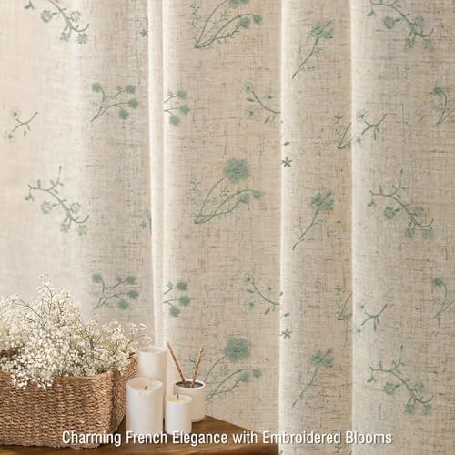 Green Floral Vintage Linen Shower Curtain Embroidered Textured 72Wx72H