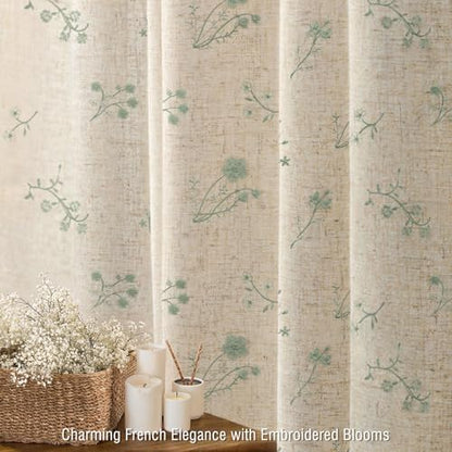Green Floral Vintage Linen Shower Curtain Embroidered Textured 72Wx72H