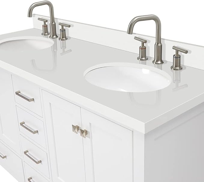 ARIEL Cambridge 60-inch Bathroom Vanity with Sink,Solid Wood, 1.5-inch Pure White Quartz Countertop & Backsplash, Double Oval Porcelain Sink, 4 Soft Closing Doors, 6 Dovetail Drawers, White
