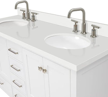 ARIEL Cambridge 60-inch Bathroom Vanity with Sink,Solid Wood, 1.5-inch Pure White Quartz Countertop & Backsplash, Double Oval Porcelain Sink, 4 Soft Closing Doors, 6 Dovetail Drawers, White
