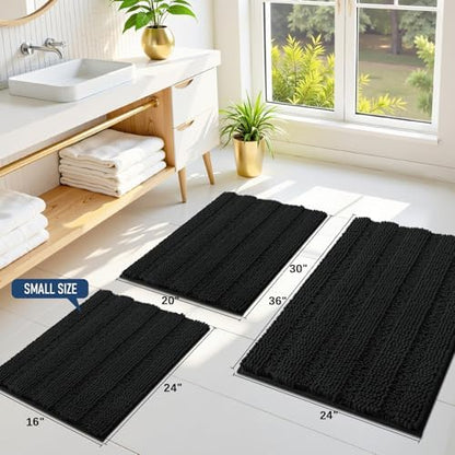 Grandaily Chenille Striped Bathroom Rugs 30x20, Extra Thick and Soft Absorbent Bath Mats, Rubber Backing, Plush Shaggy Shower Carpet, Machine Wash Dry, Bath Rug for Bathroom, Deep Black