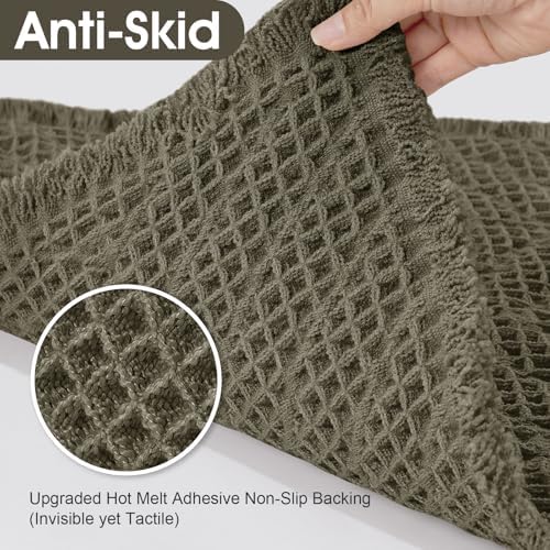 Upgraded Waffle Bath Mat, 32"x20" Greyish Green-Herringbone, Super Absorbent Non-Slip Quick Dry Bathroom Rugs with Tassels, Machine Washable Ultra Soft Boho Bath Rugs, Toilet Mats Boho Farmhouse Decor