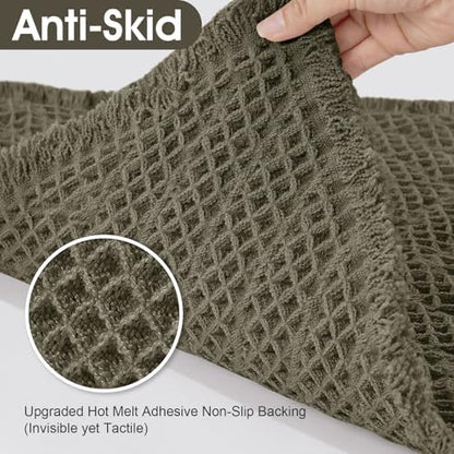 Upgraded Waffle Bath Mat, 32"x20" Greyish Green-Herringbone, Super Absorbent Non-Slip Quick Dry Bathroom Rugs with Tassels, Machine Washable Ultra Soft Boho Bath Rugs, Toilet Mats Boho Farmhouse Decor