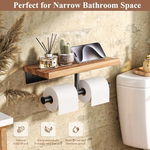 Tindbea Double Toilet Paper Holder with Wood Shelf, Wooden Wall Mount Toilet Paper Roll Holder, Matte Black Stainless Steel Bathroom Toilet Tissue Holder (Sapele, Matte Black)
