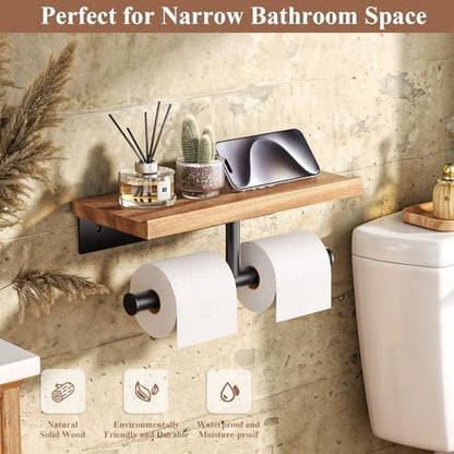 Tindbea Double Toilet Paper Holder with Wood Shelf, Wooden Wall Mount Toilet Paper Roll Holder, Matte Black Stainless Steel Bathroom Toilet Tissue Holder (Sapele, Matte Black)