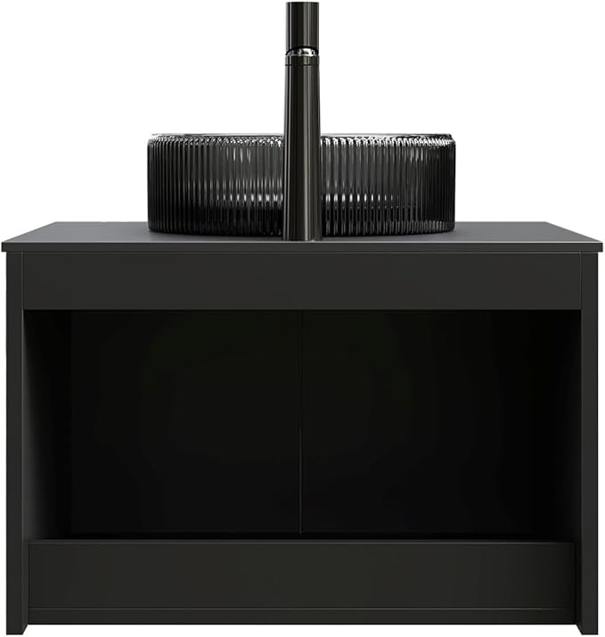 24 Inch Bathroom Vanity with Sink, Floating Fluted Vanity with Vessel Sink, Small Wall Mounted Bathroom Vanity Cabinet with 2 Doors, Glass Sink & Sintered Stone Top, Black