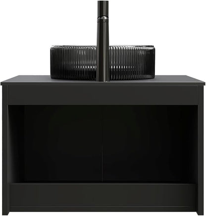 24 Inch Bathroom Vanity with Sink, Floating Fluted Vanity with Vessel Sink, Small Wall Mounted Bathroom Vanity Cabinet with 2 Doors, Glass Sink & Sintered Stone Top, Black