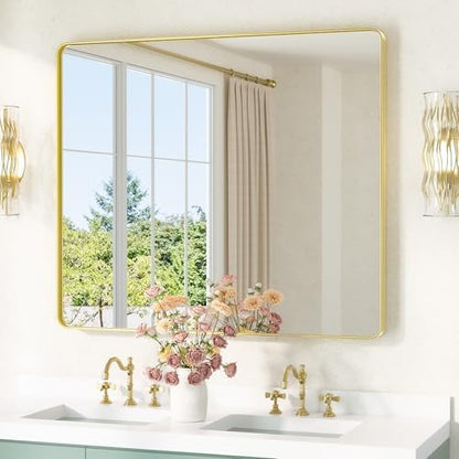 TETOTE 42 x 36 Gold Vanity Mirror Brushed Gold Metal Framed Vanity Mirror, Tempered Glass, Modern Farmhouse Wall Mounted Mirrors for Decorative(Horizontal/Vertical)