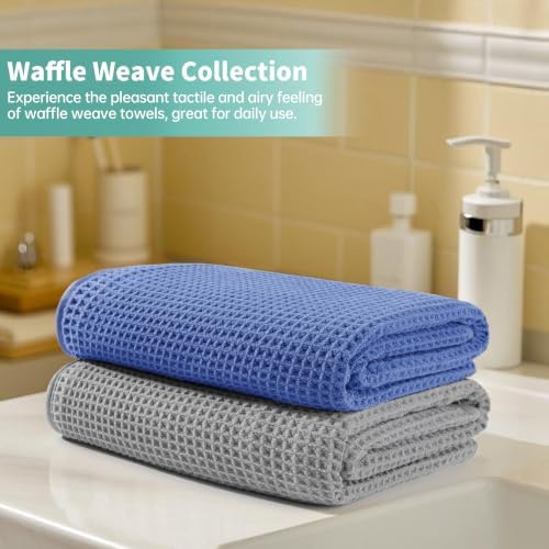 Microfiber Waffle Bath Towels, 4 Pieces, Soft, Absorbent, Fast Drying, Lint Free 430 GSM (27''x55''/68.58 cm x139.7 cm) (Silver+Dark Blue)