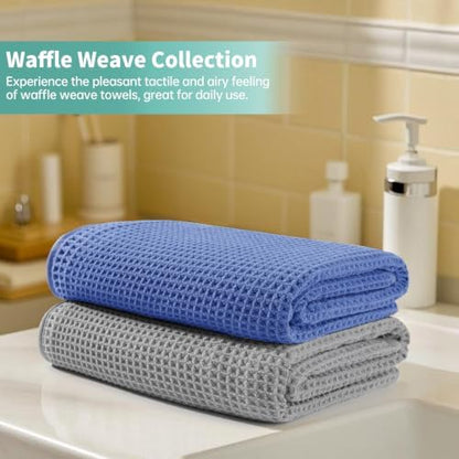 Microfiber Waffle Bath Towels, 4 Pieces, Soft, Absorbent, Fast Drying, Lint Free 430 GSM (27''x55''/68.58 cm x139.7 cm) (Silver+Dark Blue)
