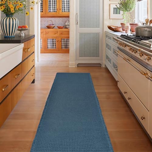 ZALL Dark Blue Waffle Bath Mat,Super Absorbent Non Slip Bathroom Rug, 24x72inch, Machine Washable Ultra Soft Floor Mats