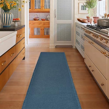 ZALL Dark Blue Waffle Bath Mat,Super Absorbent Non Slip Bathroom Rug, 24x72inch, Machine Washable Ultra Soft Floor Mats