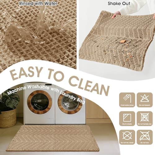 Upgraded Waffle Bath Mat Set 3 Piece Beige-Herringbone, Super Absorbent Non-Slip Quick Dry Bathroom Rugs with Tassels, Machine Washable Ultra Soft Boho Bath Rugs, Toilet Mats Boho Farmhouse Decor