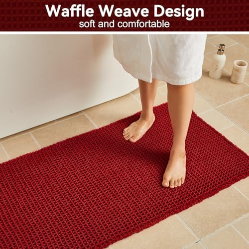 Triohero Waffle Runner Rug Bathroom, Long Boho Bath Mat, 24x60 Burgundy