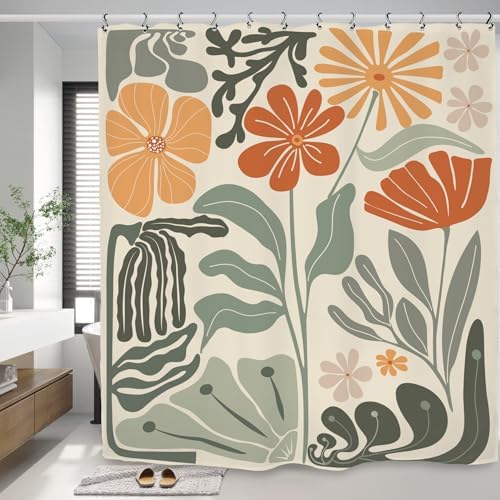 Retro Flower Matisse 70s Shower Curtain 60Wx72L Inch Colorful Groovy Vintage Trendy Funky Sage Green Orange Bathroom Set Accessories Decor with 12 Pack Hooks