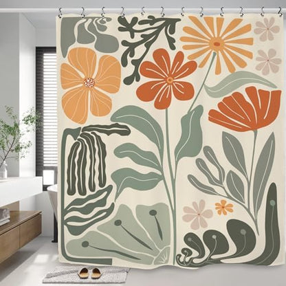 Retro Flower Matisse 70s Shower Curtain 60Wx72L Inch Colorful Groovy Vintage Trendy Funky Sage Green Orange Bathroom Set Accessories Decor with 12 Pack Hooks