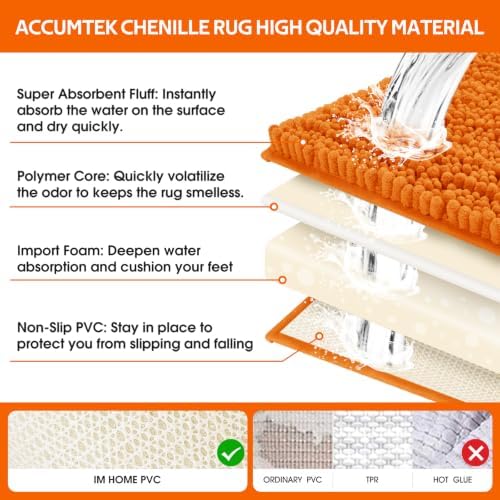 ACCUMTEK Upgrade Extra Large Orange Bathroom Rug Set 3 Pieces Ultra Soft, Thick Absorbent Bath Mats, Non Slip Chenille Toilet Mat for Bathroom, Bedroom, Kitchen