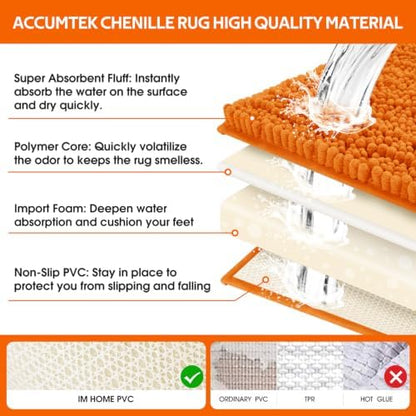 ACCUMTEK Upgrade Extra Large Orange Bathroom Rug Set 3 Pieces Ultra Soft, Thick Absorbent Bath Mats, Non Slip Chenille Toilet Mat for Bathroom, Bedroom, Kitchen