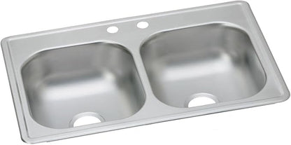 Dayton Stainless Steel 33" x 19" x 6-7/16", 2-Hole Equal Double Bowl Drop-in Sink
