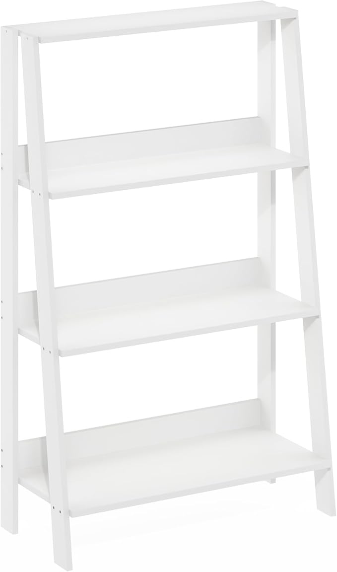 Furinno Ladder Book Shelf, 4-Tier Ladder Shelf with Open Shelving, Bookshelf, Display Storage Bookcase, for Organization, Living Room, Home Office, White