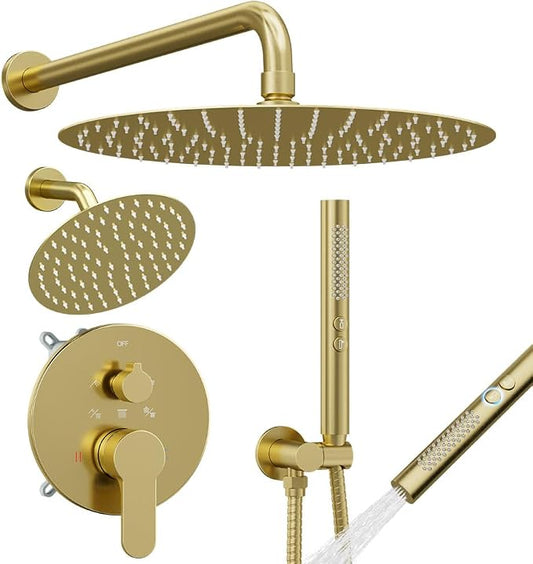 Shower Systems STARBATH 12+6" Round Dual Rainfall Shower Head with Handheld Spray for Two People, Wall Mounted 3 Way Rain Shower Faucet Sets Complete, Included Valve and Trim Kit, Brushed Gold